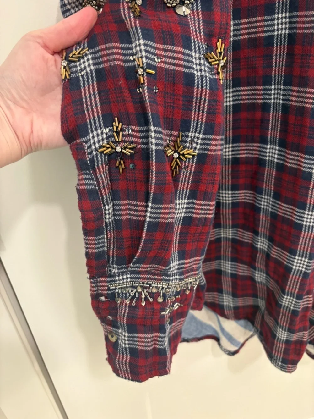 Free People Downtown Romance Red Blue Oversized Embellished Plaid Shirt Size L